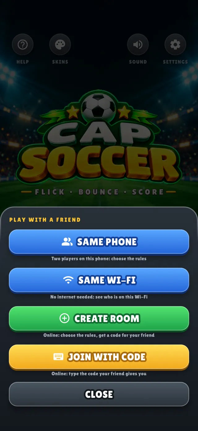 The Play with a friend sheet: same phone, same Wi-Fi, create room, join with code