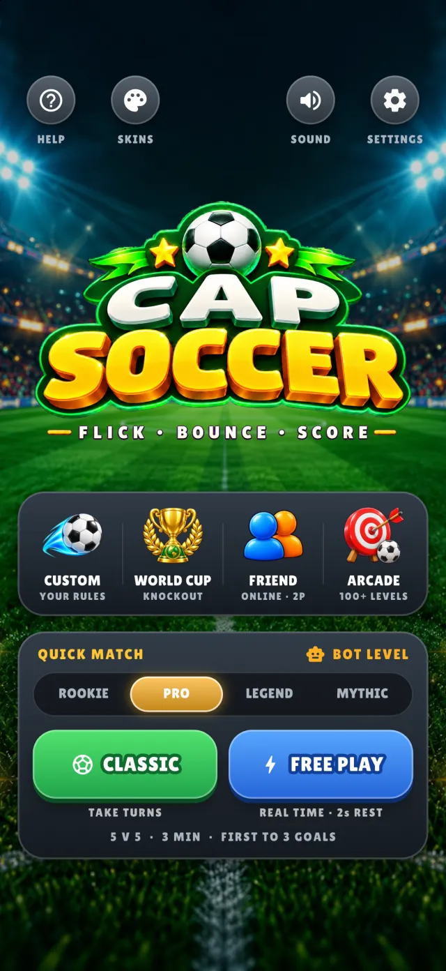 The CapSoccer home screen with quick match, bot level and mode tiles