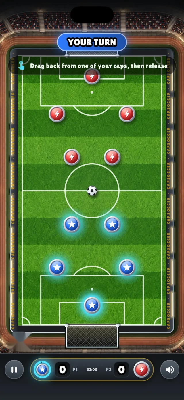 A match at kick-off: five blue star caps against five red bolt caps
