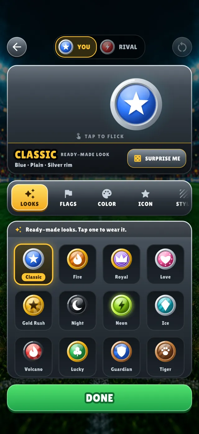 The skins screen with ready-made cap looks such as Classic, Fire, Royal and Neon