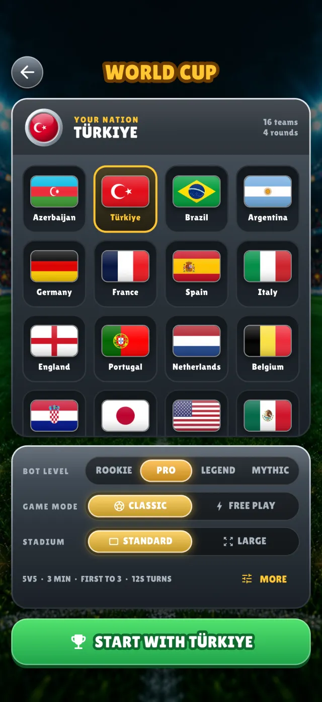 World Cup setup with the national flags to choose from